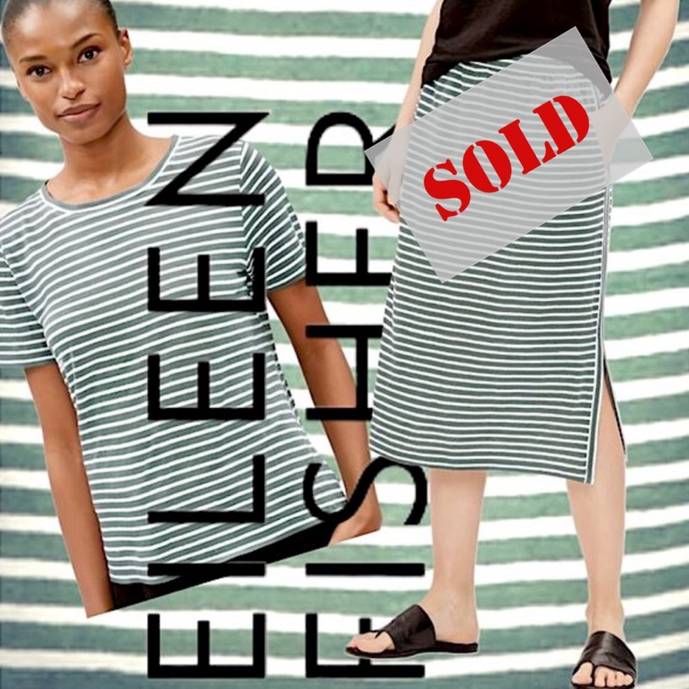 New EILEEN FISHER Organic Linen Jersey Green Stripe Skirt Tee Set Medium Large